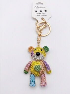 ⭐️ Multicolor Rhinestone Teddy Bear Keychain Bag Charm with Gold Hardware